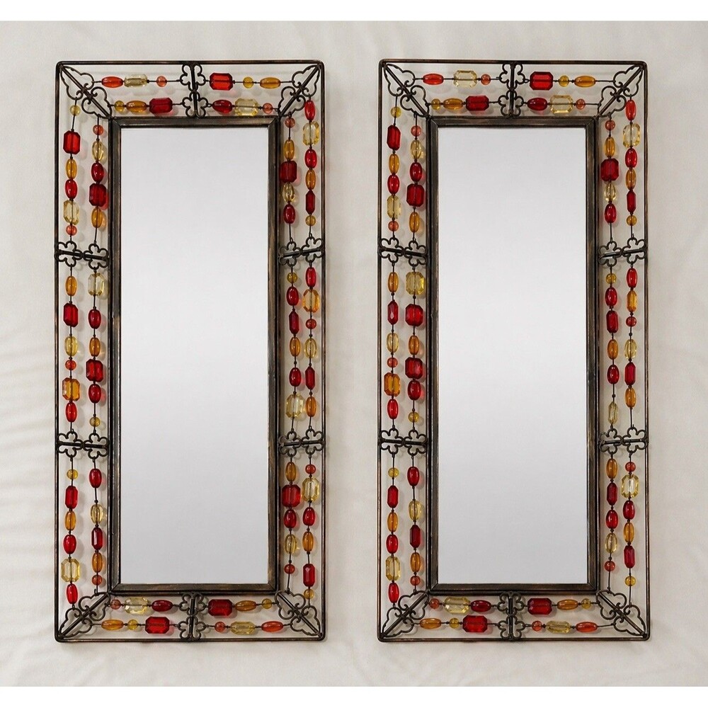 Vintage Pier 1 Beaded Wire Wall Mirror Dressing Tray Red Orange Boho